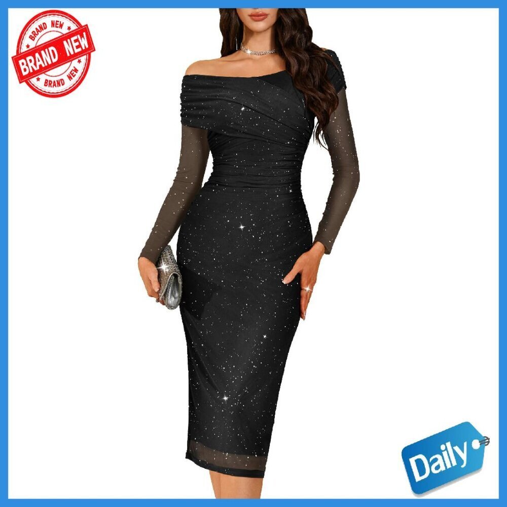 Sparkly Off Shoulder Formal Cocktail Sequin Mesh Dress Bodycon Fit